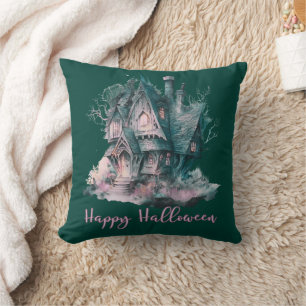 Green and Pink Haunted House Green Happy Halloween Cushion