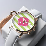 Green and Pink Horizontal Stripes Monogram Watch<br><div class="desc">Modern and chic horizontal stripes and quatrefoil monogram design can be personalised with your monogram,  initials,  name,  or any text of your choice.</div>