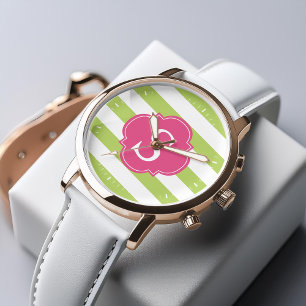 Green and Pink Horizontal Stripes Monogram Watch