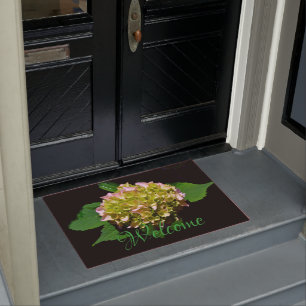 Green and Pink Hydrangea pink green flowers Doormat