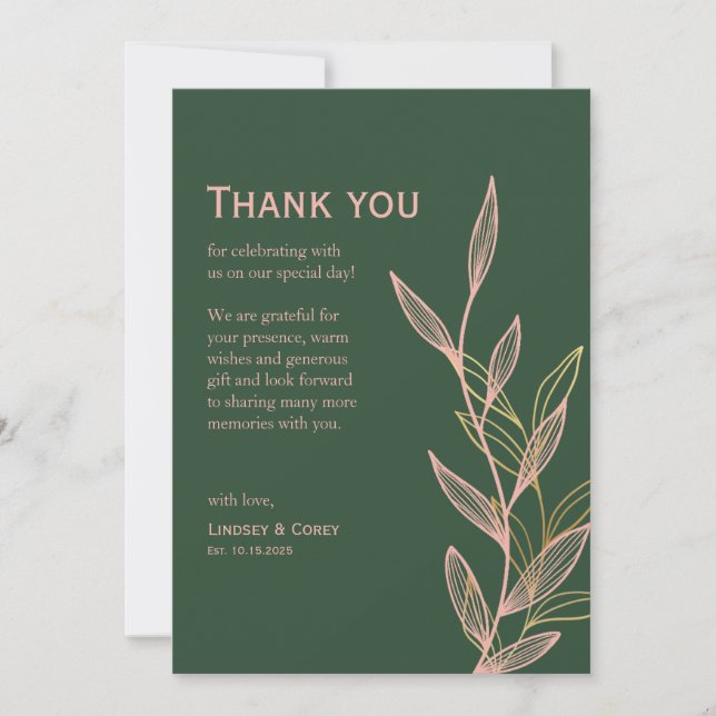 Green and Pink Leaf Thank You Card for Wedding 1 (Front)