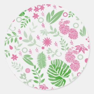 Green and pink leaves and flowers classic round sticker