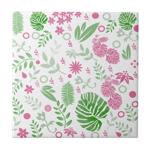 Green and pink leaves and flowers tile (Front)