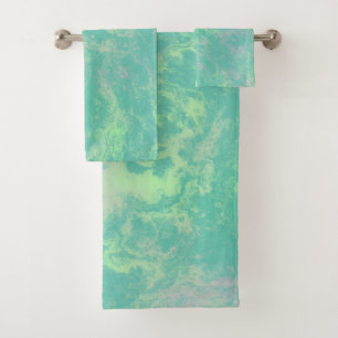 green and pink Marble abstract Bath Towel Set
