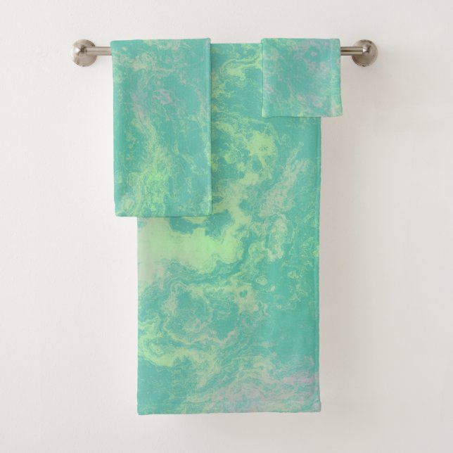 green and pink Marble abstract Bath Towel Set (Insitu)