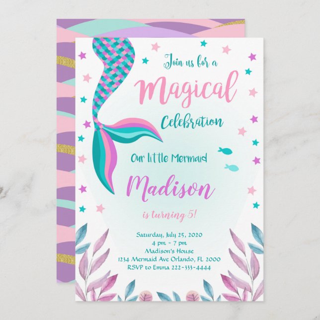 Green and Pink Mermaid Birthday Invitation (Front/Back)