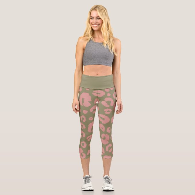 Green and Pink Modern Leopard Pattern Capri Leggings (Front)