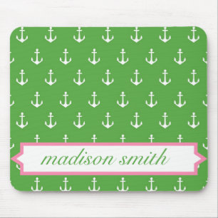 Green and Pink Monogram Anchor Print Mousepad