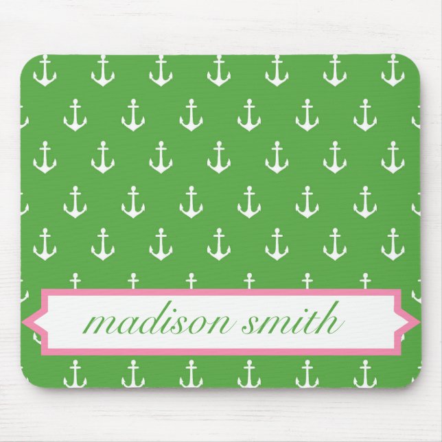 Green and Pink Monogram Anchor Print Mousepad (Front)
