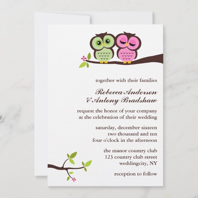 Green and Pink Owls Wedding Invitation (Front)