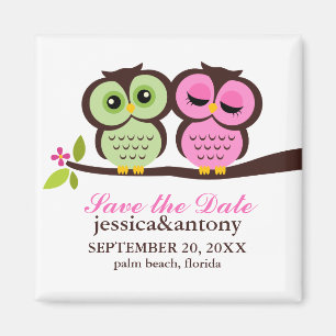 Green and Pink Owls Wedding Magnet