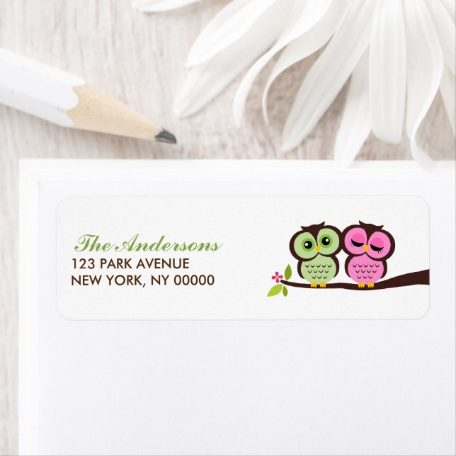 Green and Pink Owls Wedding Return Address Label (Insitu)