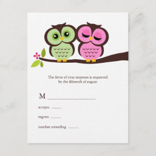 Green and Pink Owls Wedding RSVP Card