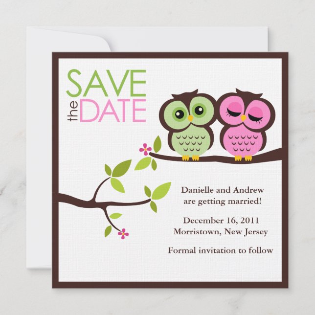 Green and Pink Owls Wedding Save The Date (Front)