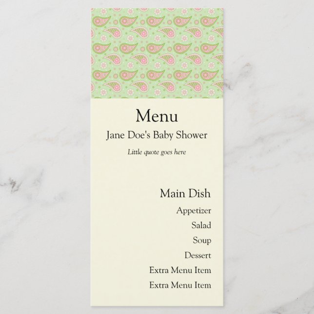 Green And Pink Paisley Menu Card (Front)
