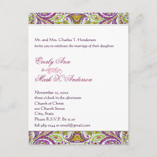Green and Pink Paisley Wedding Invitation Postcard