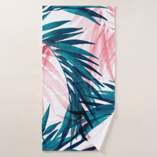 Green and pink palm leaves pattern bath towel
