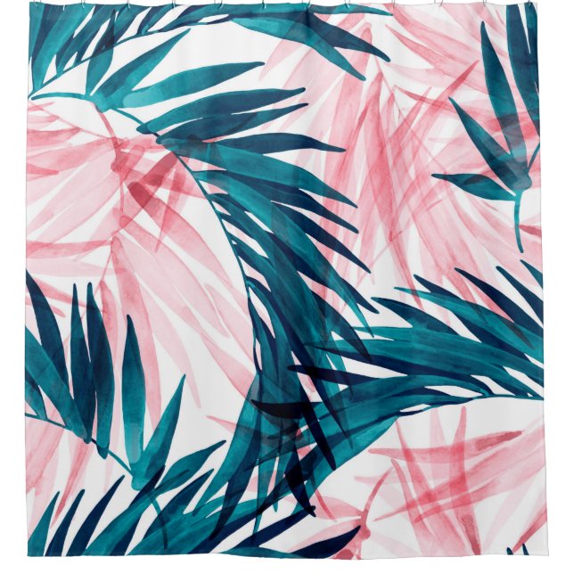 Green and pink palm leaves pattern shower curtain (Front)