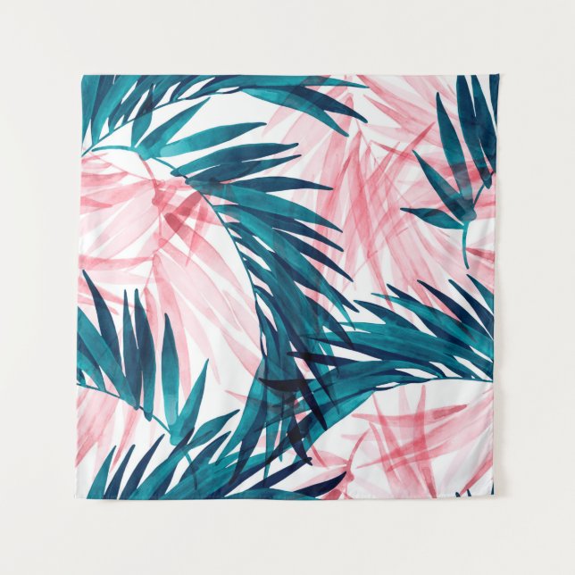 Green and pink palm leaves pattern tapestry (Front)