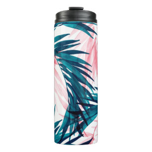 Green and pink palm leaves pattern thermal tumbler