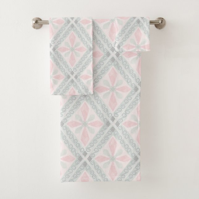 Green and pink pastel diamond pattern bath towel set (Insitu)