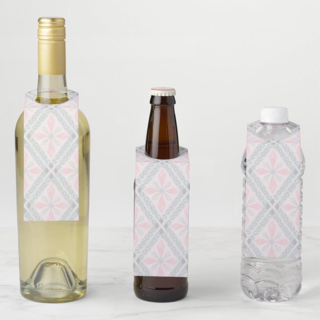 Green and pink pastel diamond pattern bottle tag (In Situ)