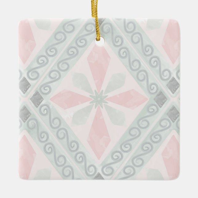 Green and pink pastel diamond pattern ceramic ornament (Front)