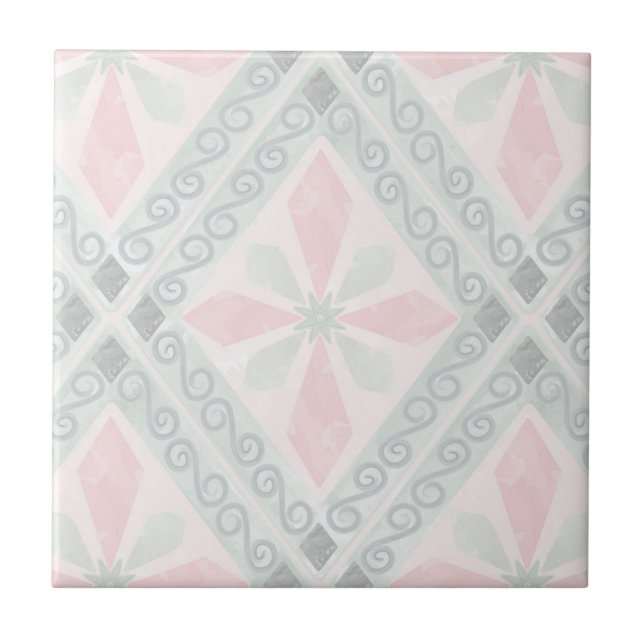Green and pink pastel diamond pattern ceramic tile (Front)