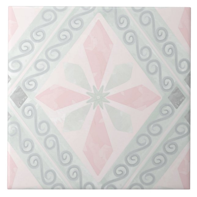 Green and pink pastel diamond pattern ceramic tile (Front)