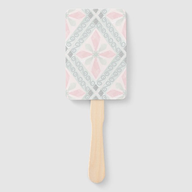 Green and pink pastel diamond pattern hand fan (Front)