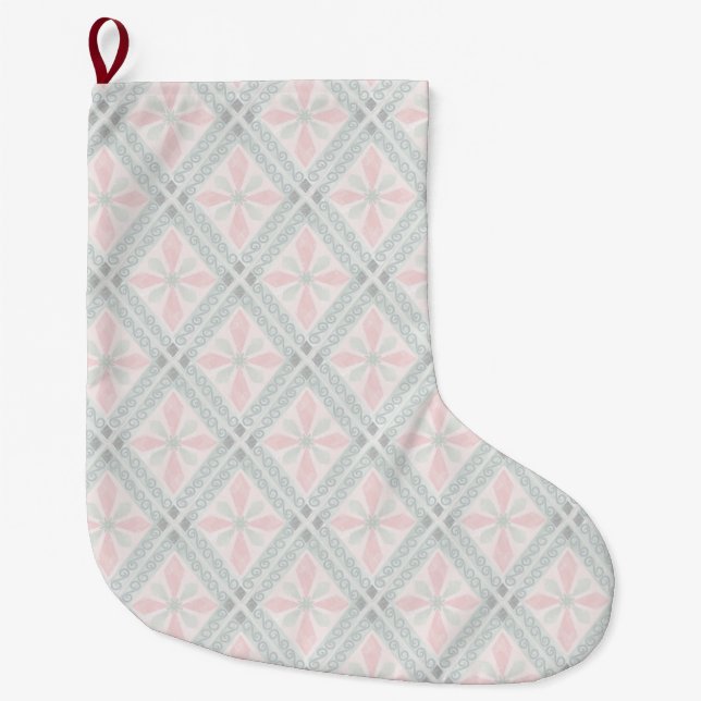 Green and pink pastel diamond pattern large christmas stocking (Front)