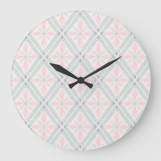Green and pink pastel diamond pattern large clock (Front)