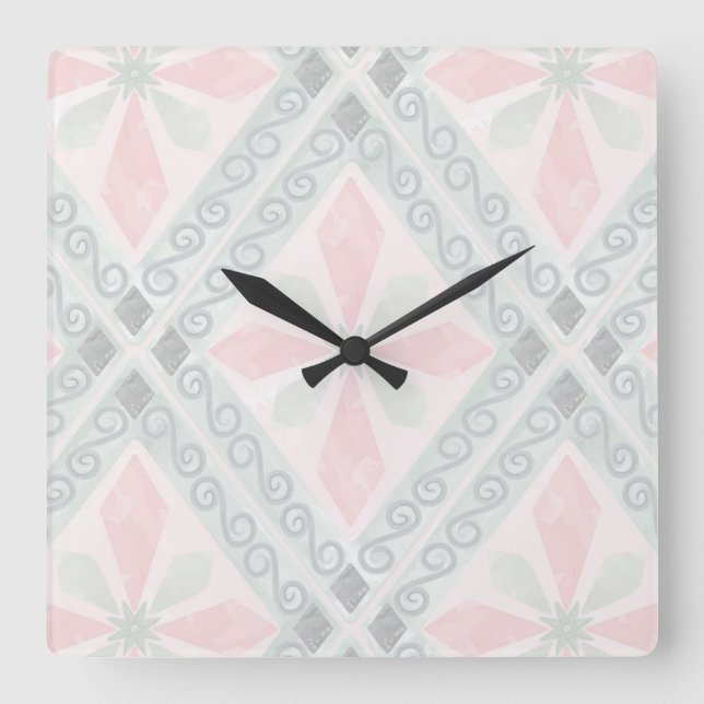 Green and pink pastel diamond pattern square wall clock (Front)
