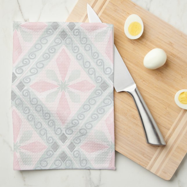 Green and pink pastel diamond pattern tea towel (Quarter Fold)