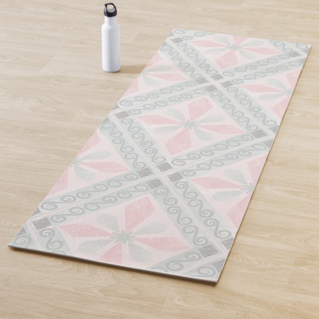 Green and pink pastel diamond pattern yoga mat (In Situ)