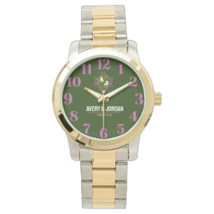  Green And Pink Personalized Elegant Monogram  Watch