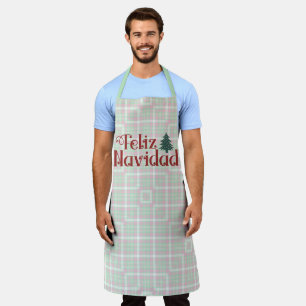 Green and Pink Plaid Feliz Navidad Apron