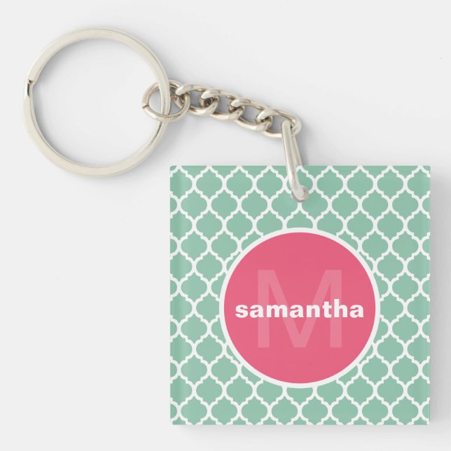 Green and Pink Quatrefoil Monogram Key Ring (Front)