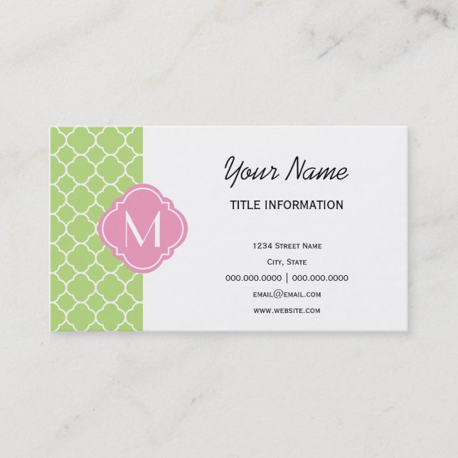 Green and Pink Quatrefoil Pattern with Monogram Business Card (Front)