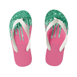 Green and Pink Shiny Glitter Dripping Watermelon Kid's Thongs