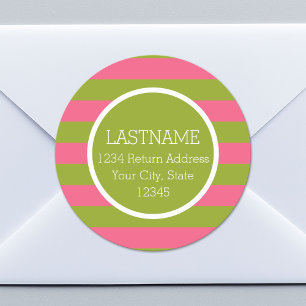 Green and Pink Striped Pattern Custom Monogram Classic Round Sticker