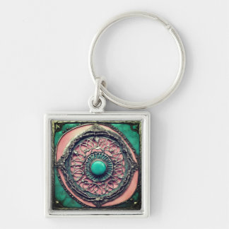 Green and pink Tourmaline Metal Art Key Ring
