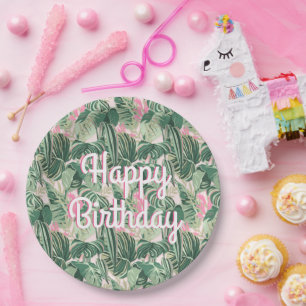 Green and Pink Tropical Leaves   Happy Birthday  Paper Plate
