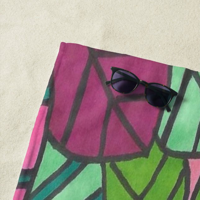 Green and Pink Tropical Palm Leaves Beach Towel (In Situ)