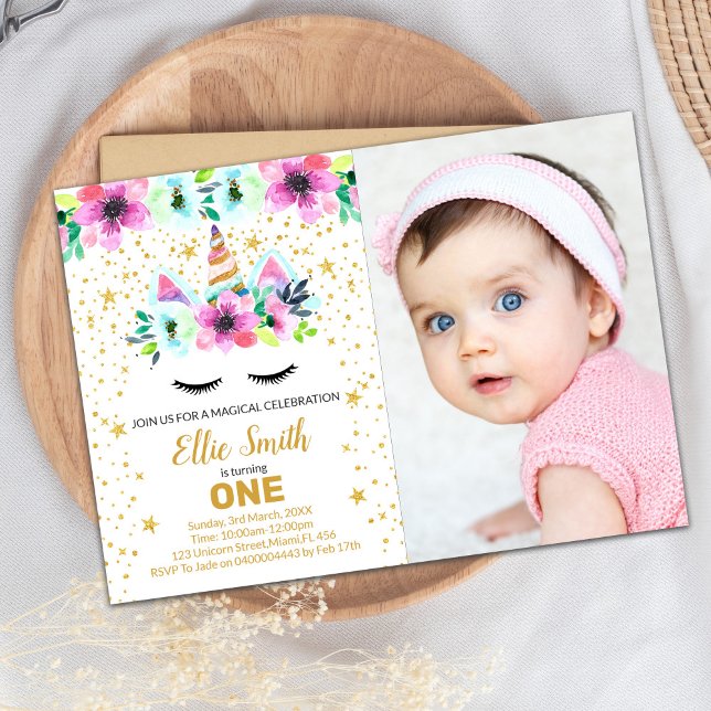 Green and Pink Unicorn Birthday Invitation with Ph (Green Pink Unicorn Invitations with photo)