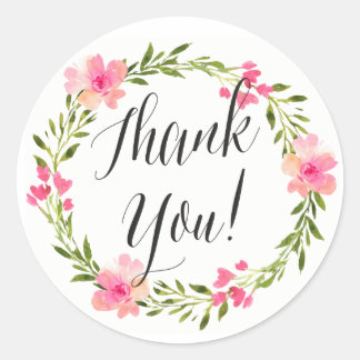 Green and Pink Watercolor Floral Thank You Sticker