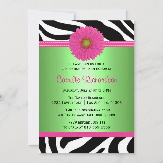 Green and Pink, Zebra Graduation Party Invitation (Front)