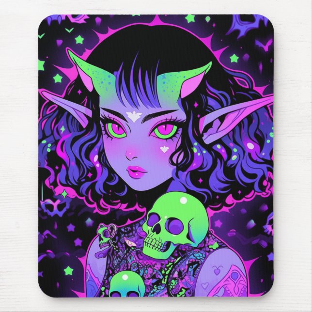 Green and Purple Alien Elf Anime Girl Mouse Pad (Front)
