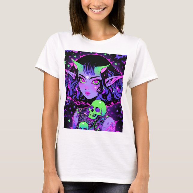 Green and Purple Alien Elf Anime Girl T-Shirt (Front)