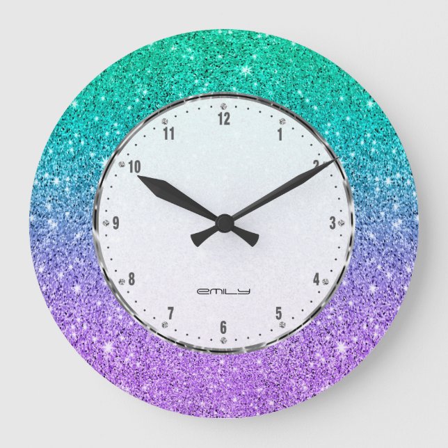 Green and purple faux glitter ombre large clock (Front)